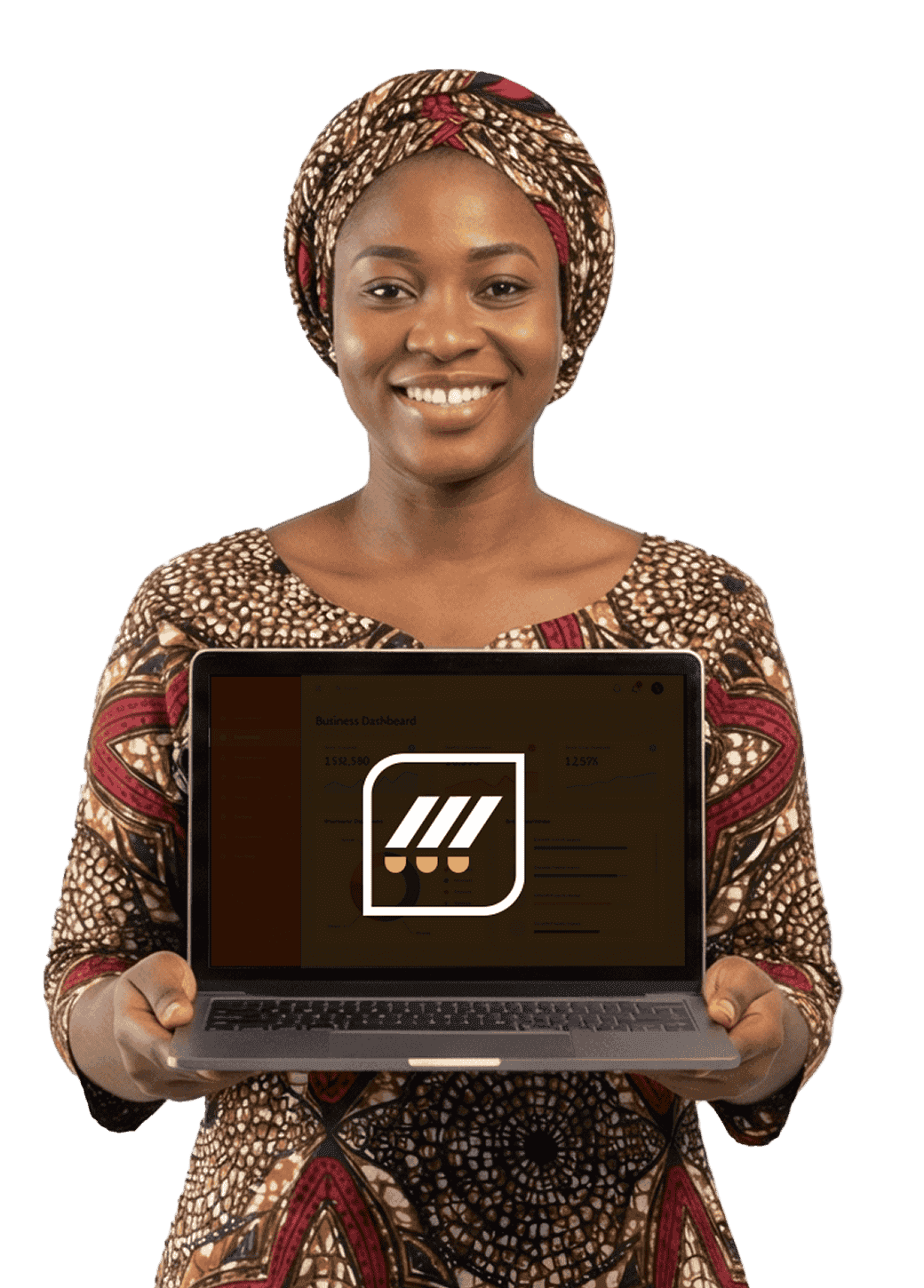 black woman holding a PC with the Iyaloja logo on it